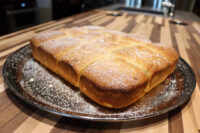 Golden Buchty buns baked together in one loaf, dusted with powdered sugar, on a dark plate.