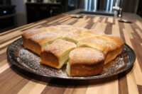 Golden Buchty buns baked in a joined loaf, dusted with powdered sugar, on a dark plate.