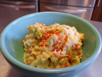 Coleslaw Turquoise bowl of Coleslaw with shredded cabbage and carrots in creamy dressing on a steel counter.