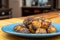 Bobalky with Poppyseeds and Honey piled on a blue plate, coated in dark poppy seeds and glaze.