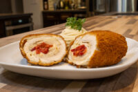 Chicken Cordon Bleu Sliced Chicken Cordon Bleu showing pale filling and red pimento center, plated with mashed potato and parsley.