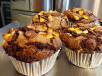 Chocolate Muffins Four Chocolate Muffins with chocolate chips on top, cooling in paper liners on a metal tray.
