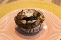 Chocolate Muffins A single serving of Chocolate Muffins with chocolate chips and powdered sugar on a pink plate.
