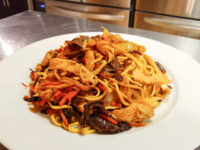 Lo Mein with Chicken Plate of Lo Mein with Chicken piled high with noodles, chicken strips, carrots and dark mushrooms