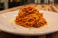 Spaghetti Bolognese Plated Spaghetti Bolognese with red sauce, grated parmesan, and herb flecks on a white dish.