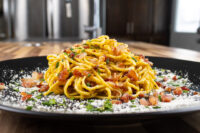 Spaghetti Carbonara Mound of Spaghetti Carbonara with crisped bacon and herbs, dusted with cheese on a black plate