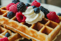 Berry Topped Waffles A square Belgian-style Waffle topped with whipped cream, raspberries, blueberries, and blackberries.