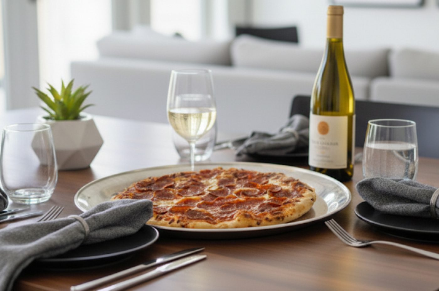 60 min. Pan Pizza 60 min. Pan Pizza with pepperoni and melted cheese served on a white platter beside wine glasses.