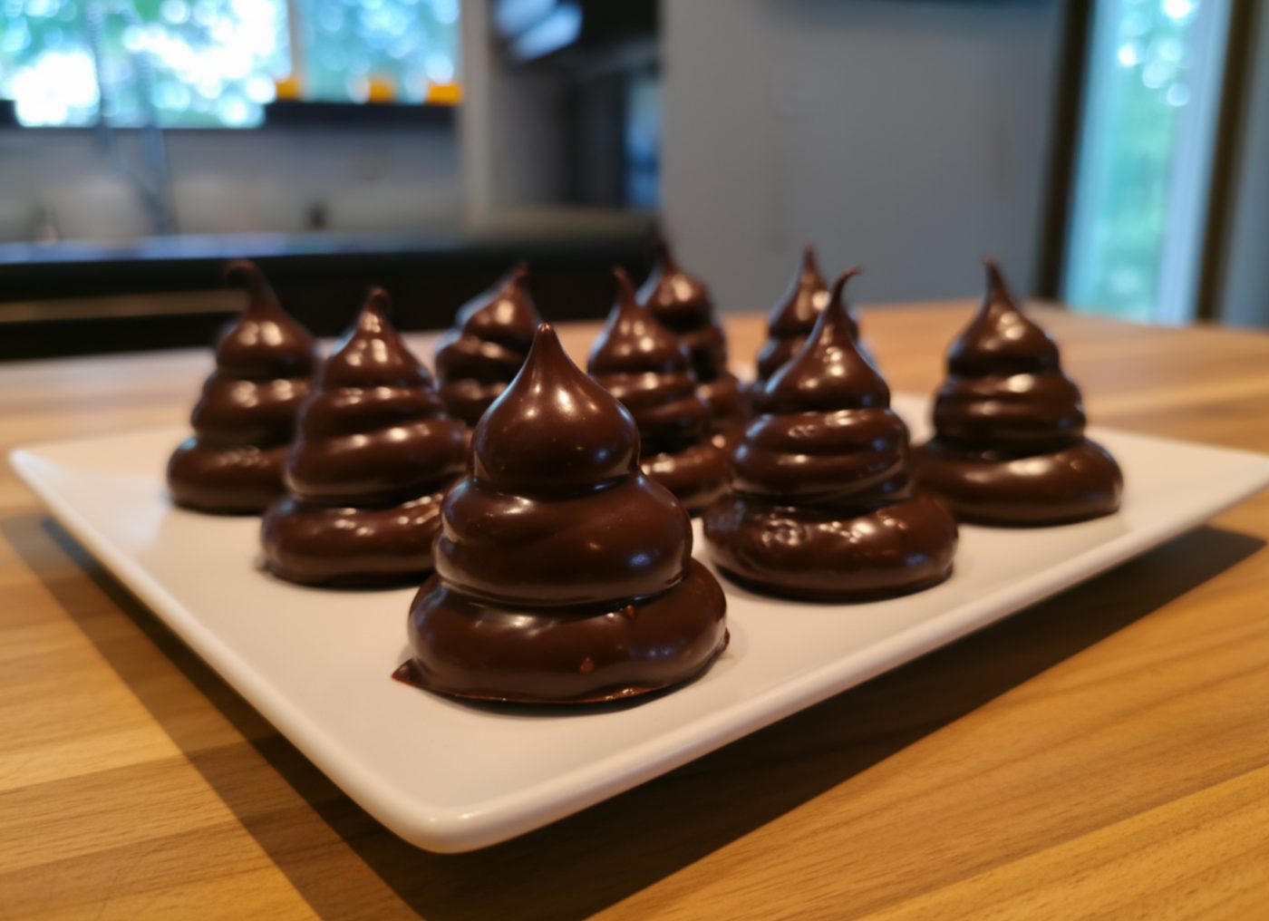 Chocolate-Coated Indiánky Peaks Rows of chocolate-coated Czech Meringue Puffs Indiánky with glossy peaked tops on a white plate