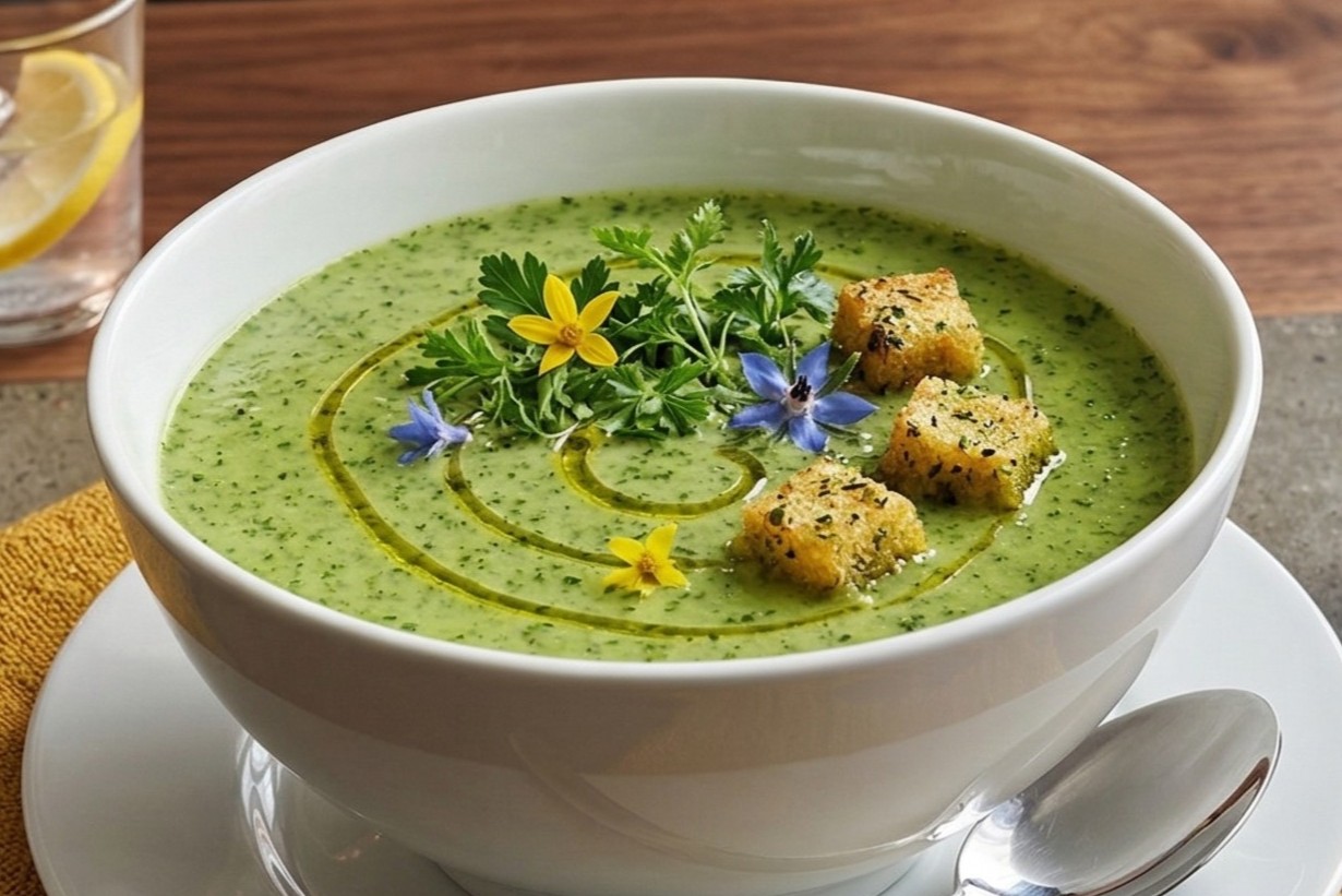 Creamy Spinach Soup Bowl of Creamy Spinach Soup with an oil swirl, croutons, and edible flower garnish.