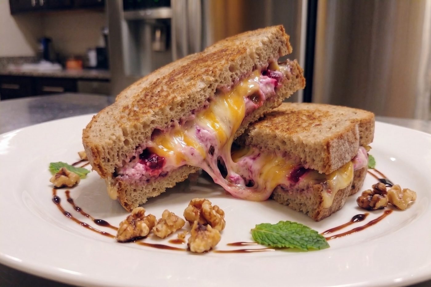 Halved Grilled Cheese with Goat Cheese and Beets, oozing melted cheese and purple filling, plated with walnuts and mint.