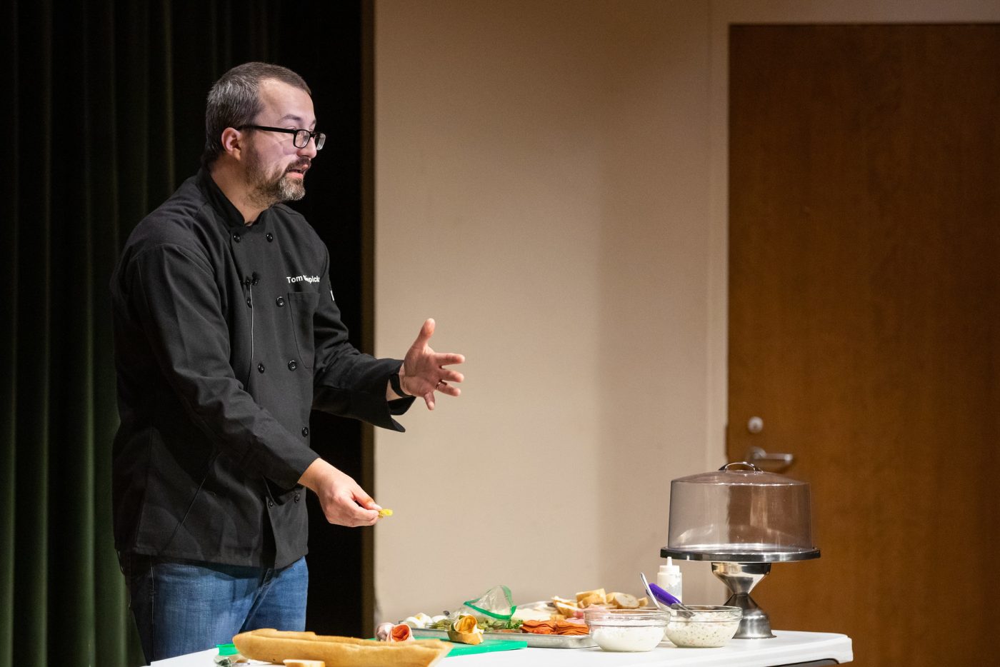 Tom Slepicka (aka Tom the Chef) is giving a lecture and showing food preparation at the same time at Missouri Southern State University in Joplin during Czech Semester 2022